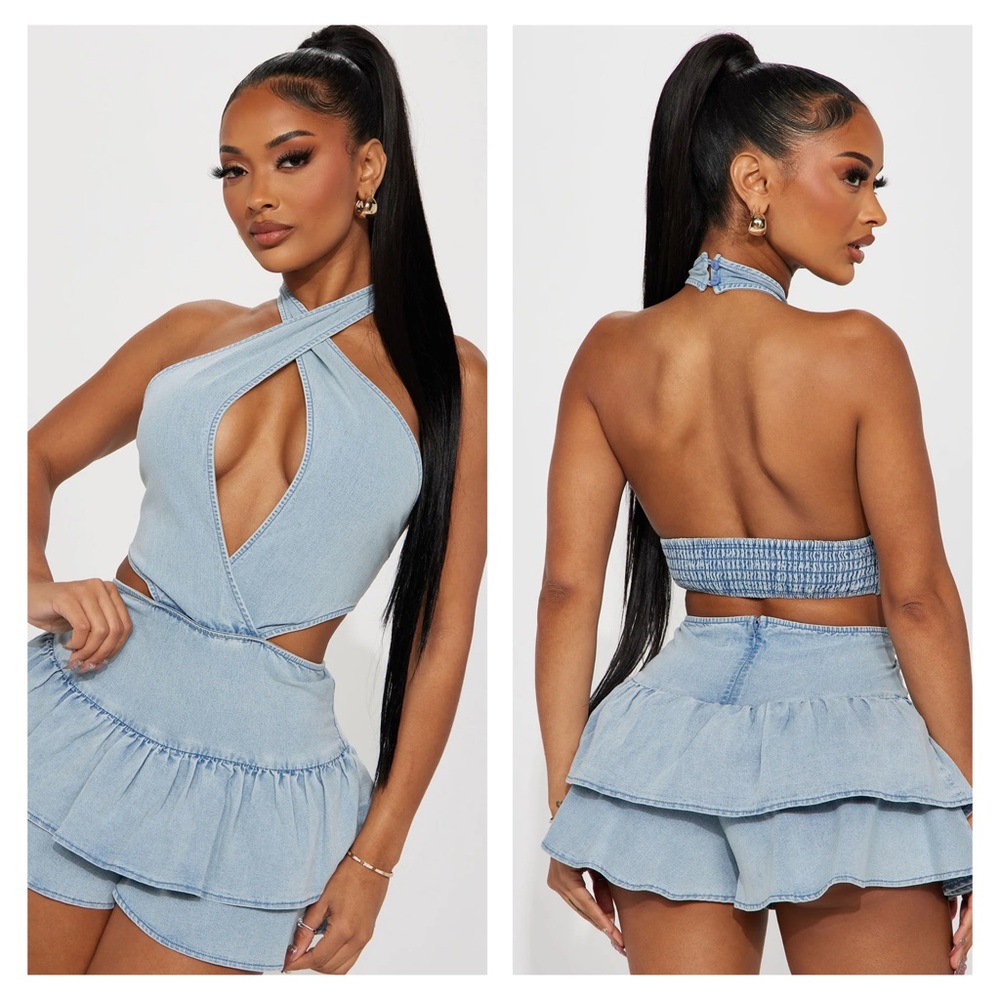 Fashion Nova Light Blue Denim Romper